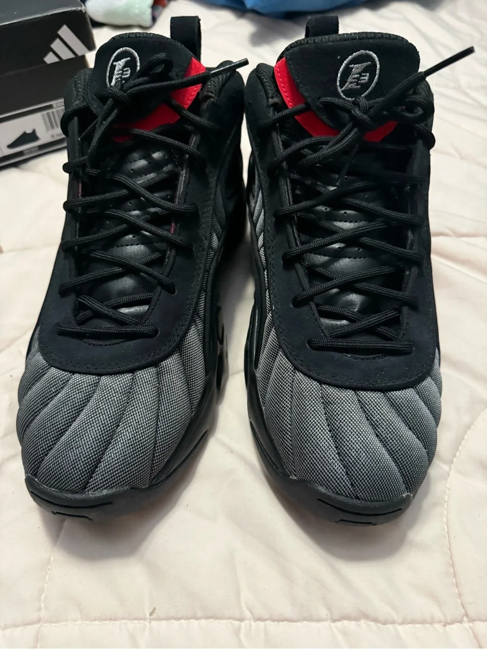 Reebok Men’s Black and Gray DMX Basketball Sneakers with Red Tongue Accent